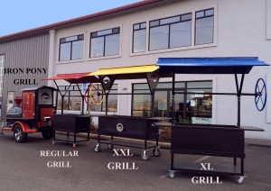 Iron Pony, Regular, XXL and XL Santa Fe BBQ Grills outside Pro Weld's facility near Medford Oregon. 